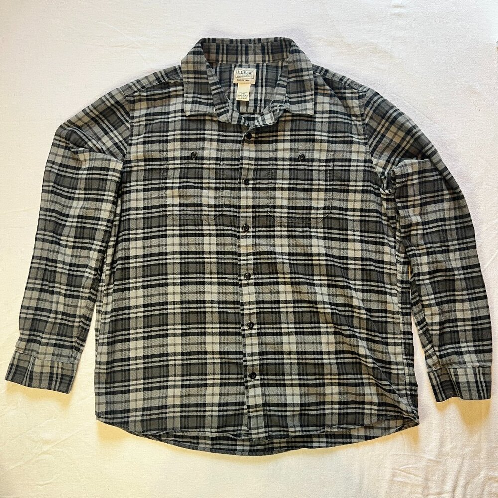 L.L.Bean Scotch Plaid Flannel Shirt Slightly Fitted Grey 100% Cotton Large